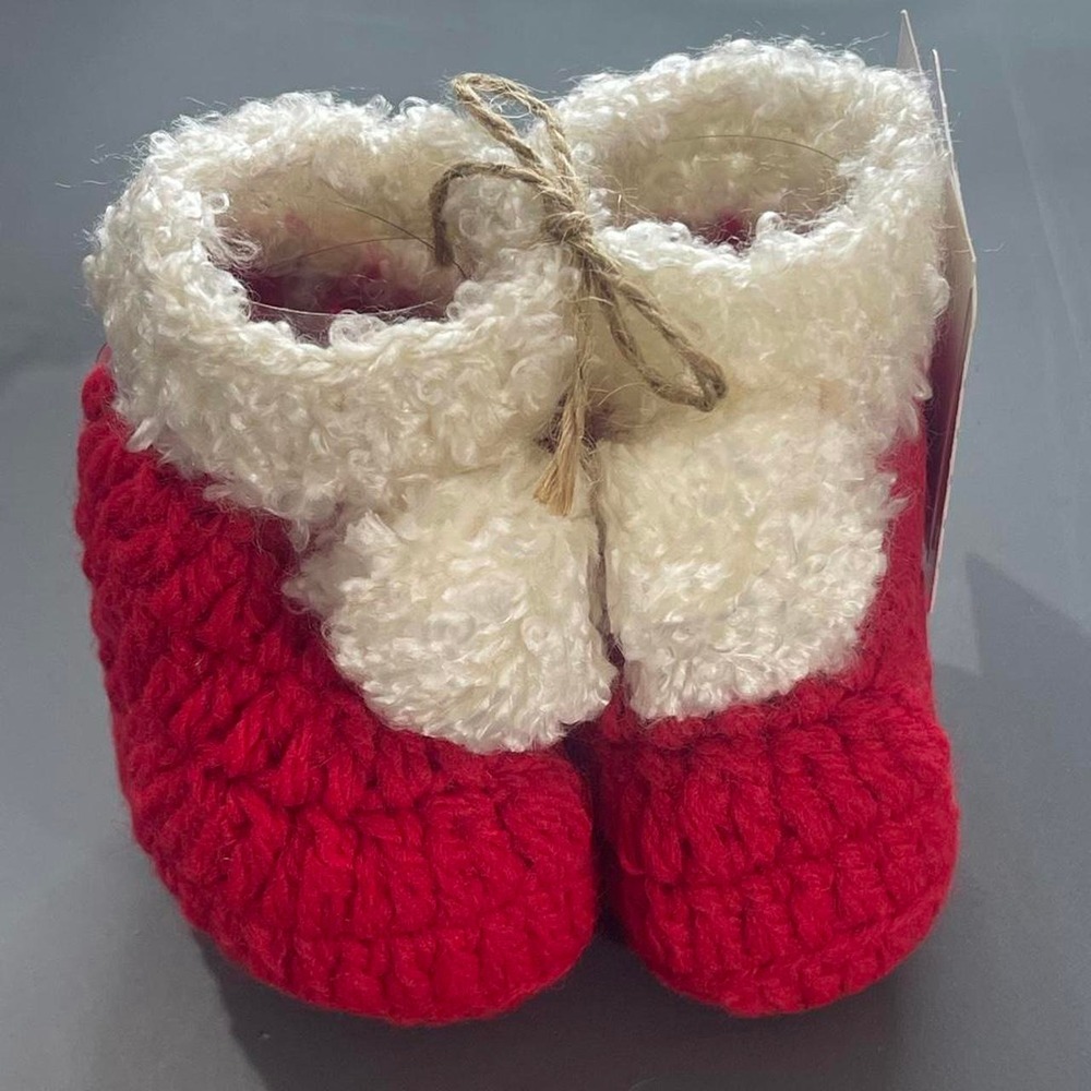 Red and White Knitted Santa Baby Booties for Newborn